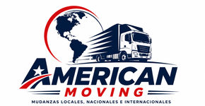 Logotipo de American Moving con texto azul y rojo y un camión de mudanzas azul.