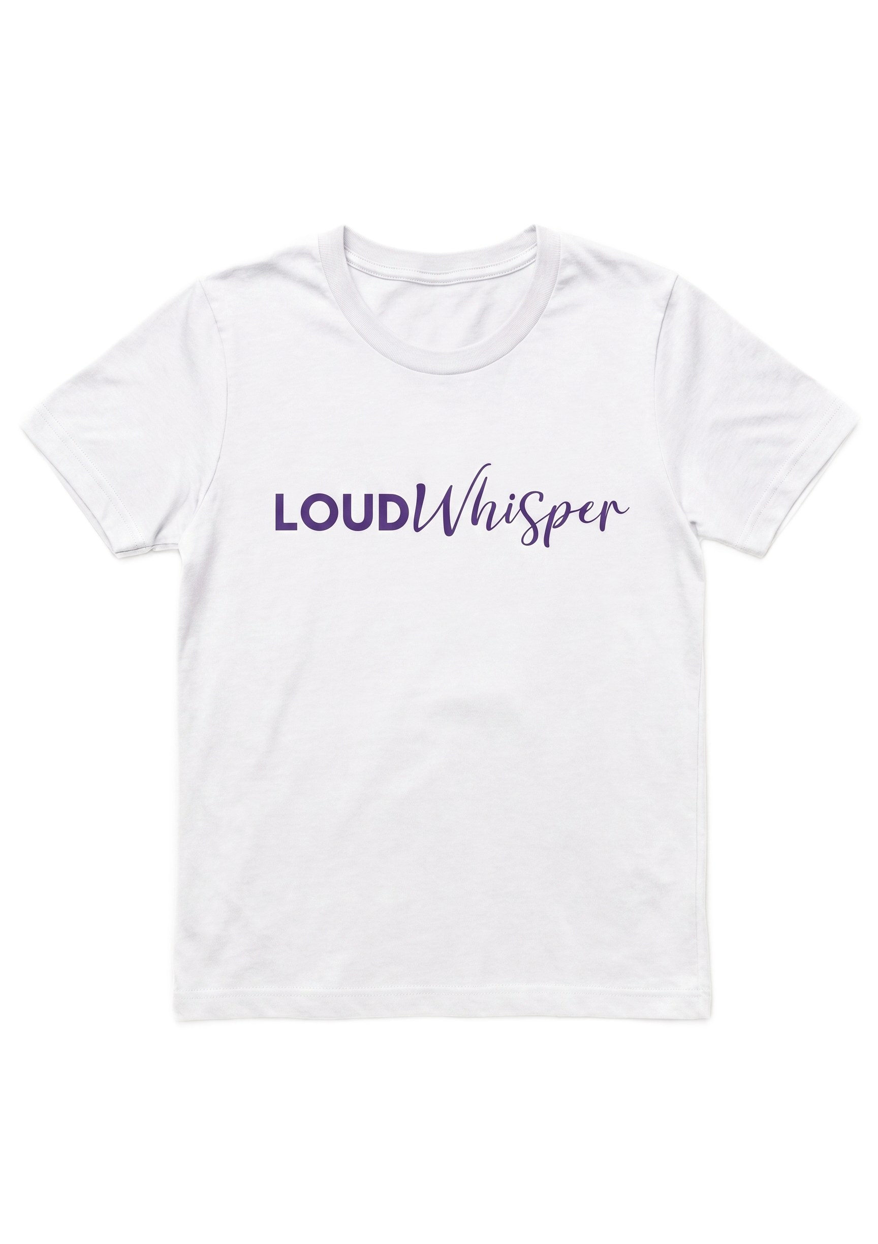 White T-shirt with “Loud Whisper” text printed across the chest.