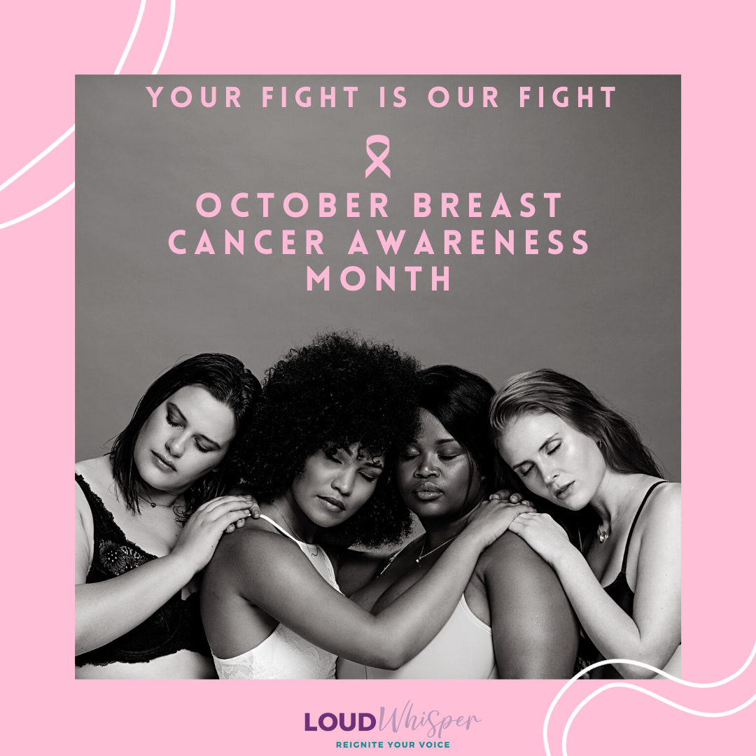 Four women in lingerie embrace, supporting each other. October Breast Cancer Awareness Month.