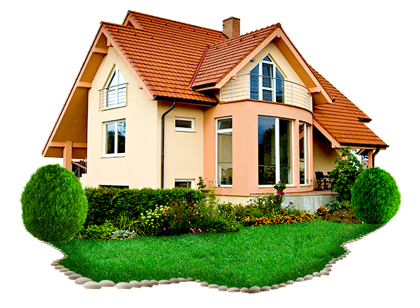 A large house with a red roof and a lush green yard