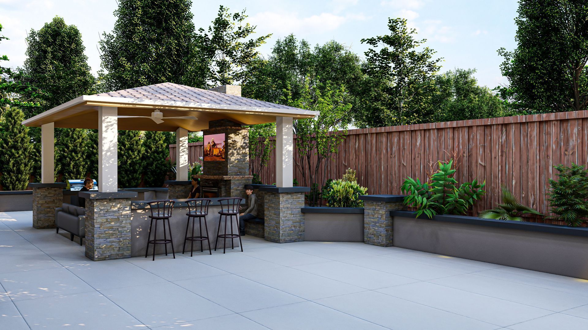 There is a gazebo in the middle of the backyard with a wooden fence in the background.