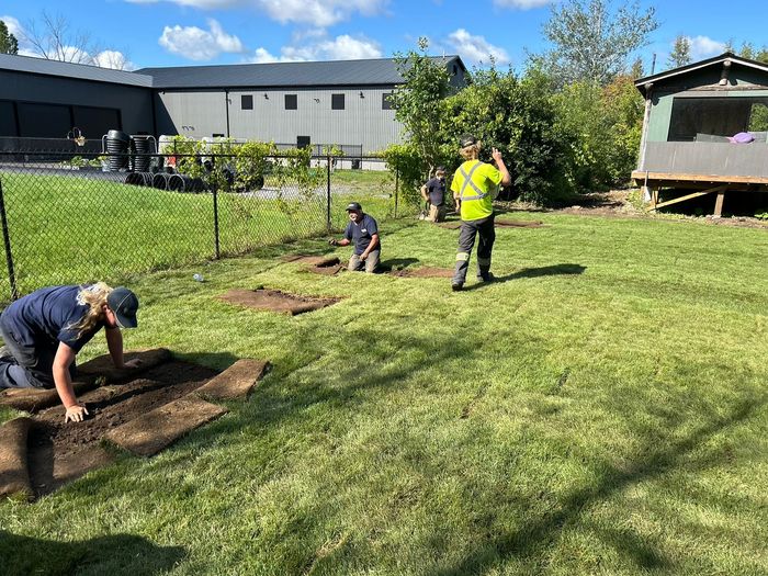 A group of people are working on a lush green lawn.