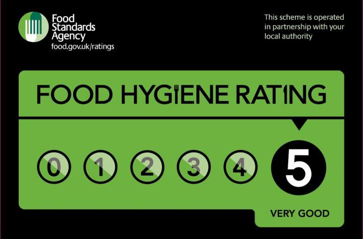 A green sign that says food hygiene rating on it