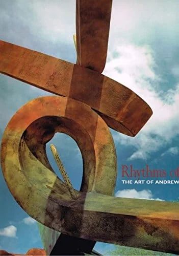 Abstract sculpture of brown looping forms against a blue and cloudy sky. Book cover titled