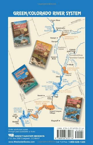 Canyonlands River Guide book cover, with a boat in turquoise water, people falling, and orange rock formations.