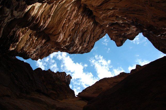 View from inside a cave looking up at a blue sky with white clouds.