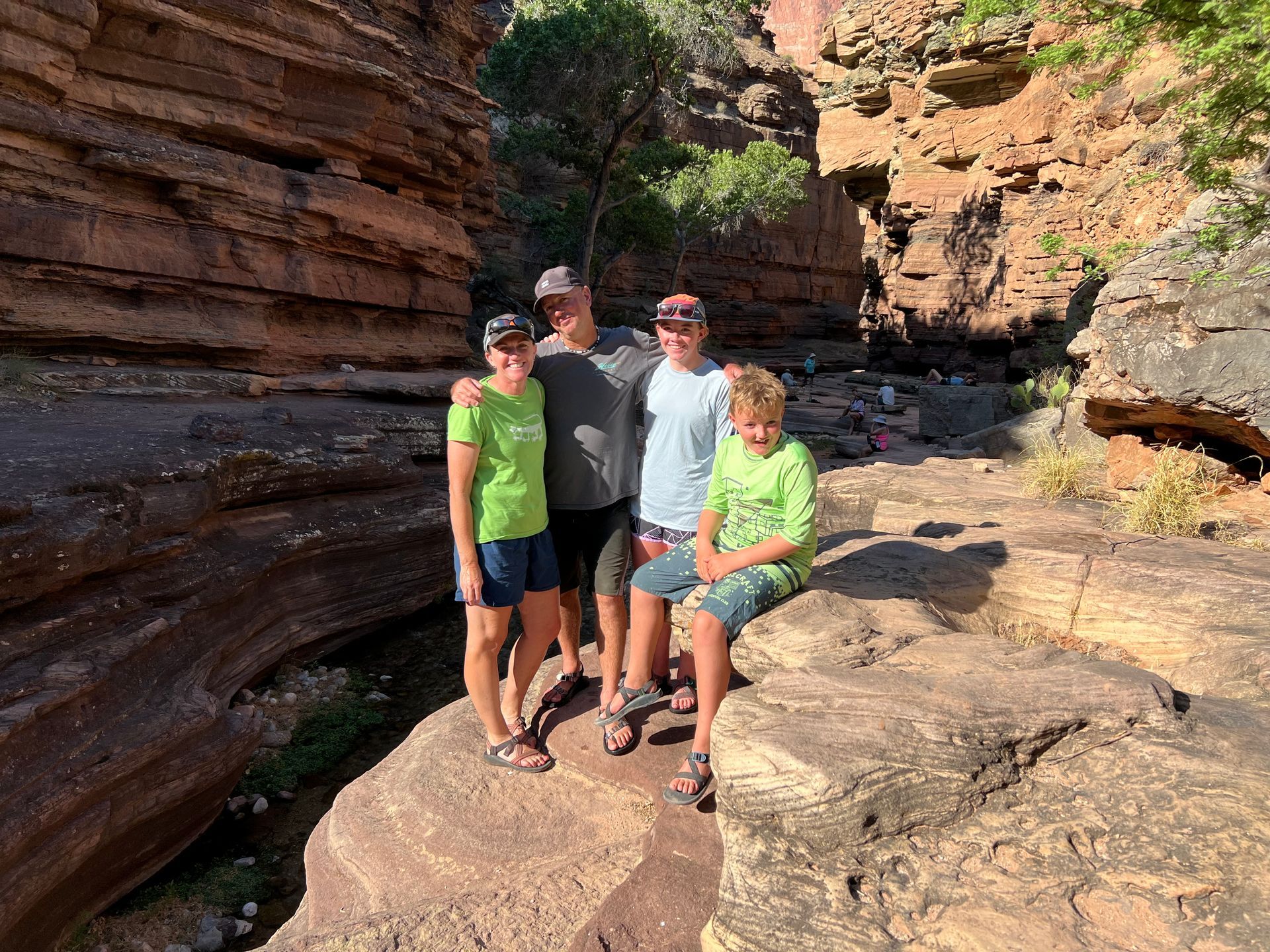 Family of four standing on rock in a canyon with brown rock walls and green trees.
