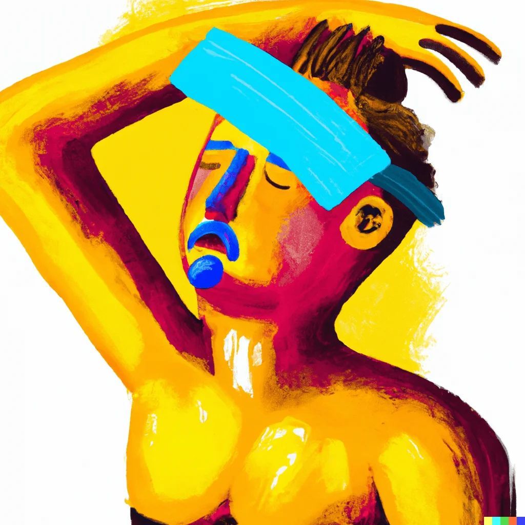 Person with a blue cold compress on forehead, eyes closed, sweating and in distress, painted in bright yellow and red.