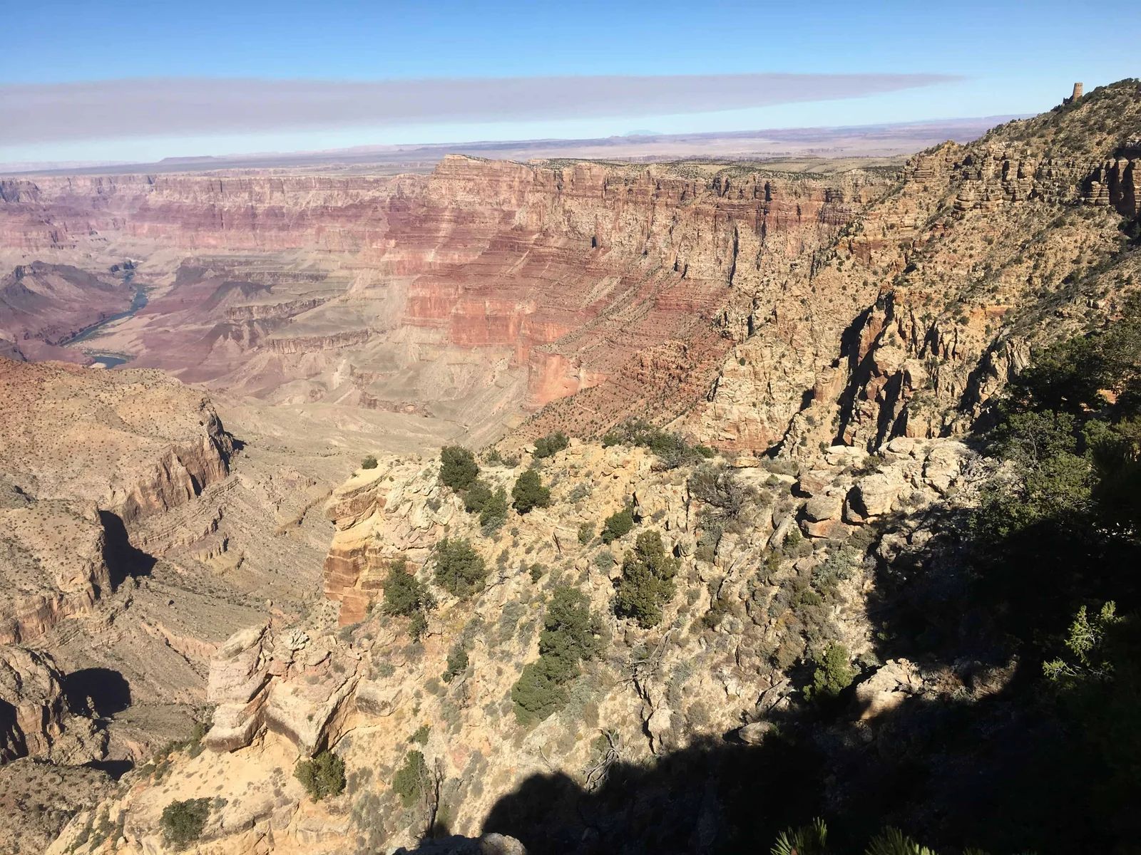 Vast canyon landscape with layered rock formations, blue sky, and scattered green trees.