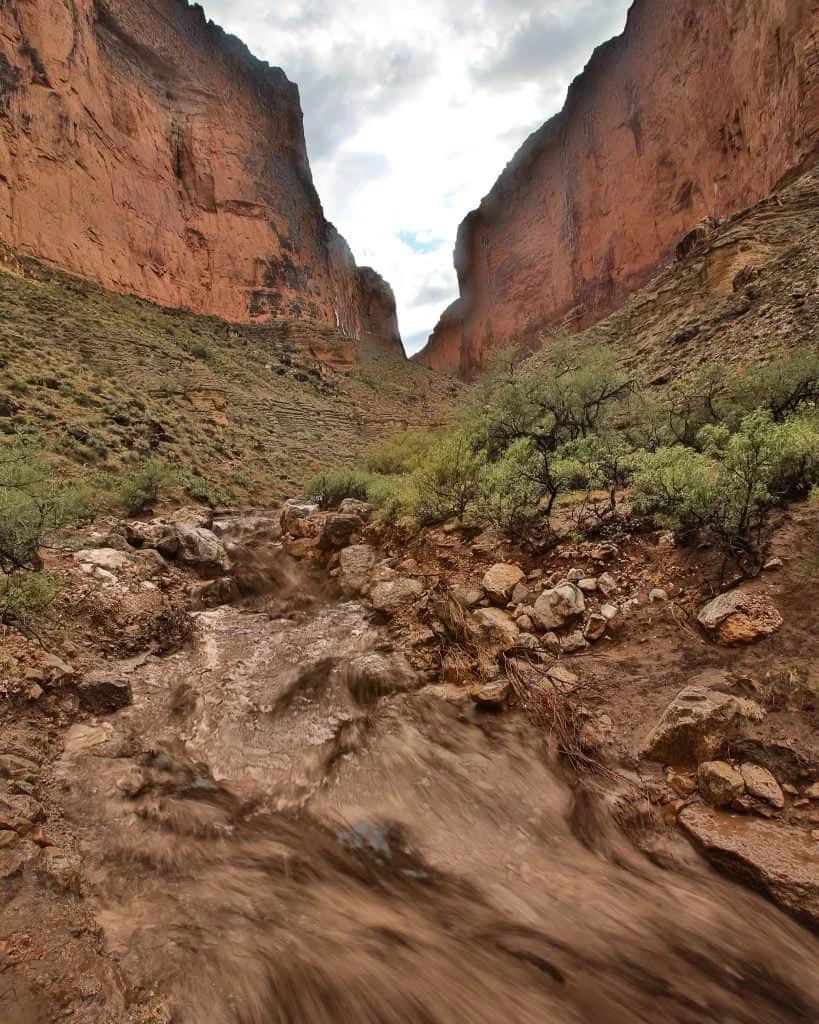 Canyon with rushing water and red rock walls under a cloudy sky.