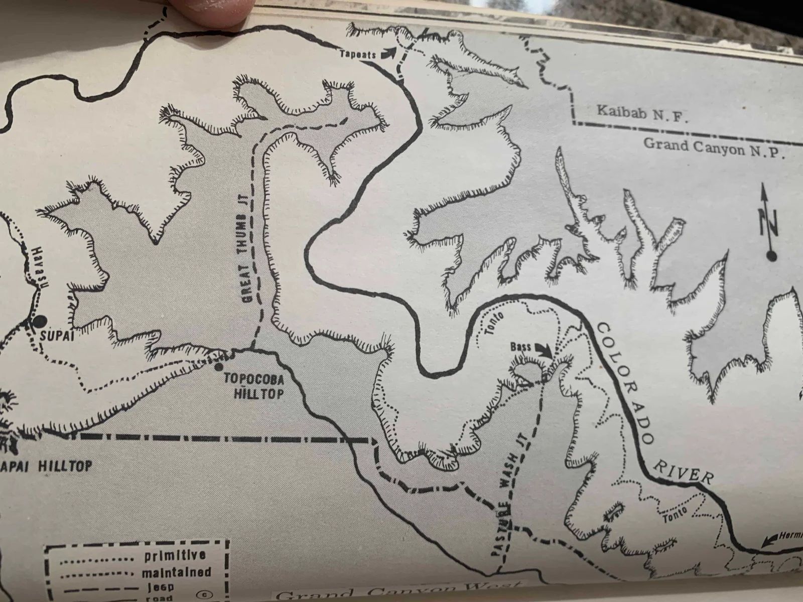 Map of the Grand Canyon area, showing the Colorado River and trails, labeled