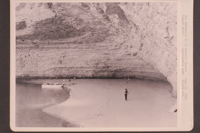 The Esmeralda II in Redwall Cavern during high water on the Colorado River, June 13, 1949. Photograph by Hudson. From the Otis R. Marston Colorado River Collection, The Huntington Library, San Marino, California (Call No. mssMarston papers V172/0058). Used with attribution.