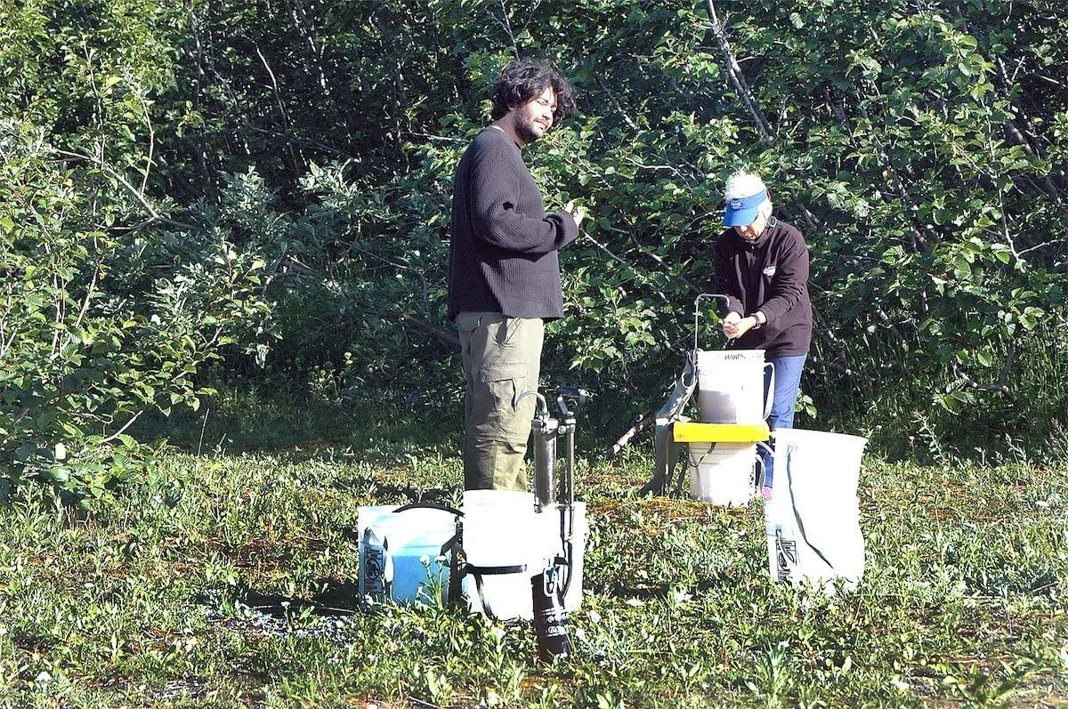 Two people in field setting, operating scientific equipment. Vegetation in background.