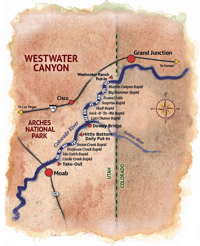 Map of Westwater Canyon, Colorado River with rapids and put-in/take-out points.