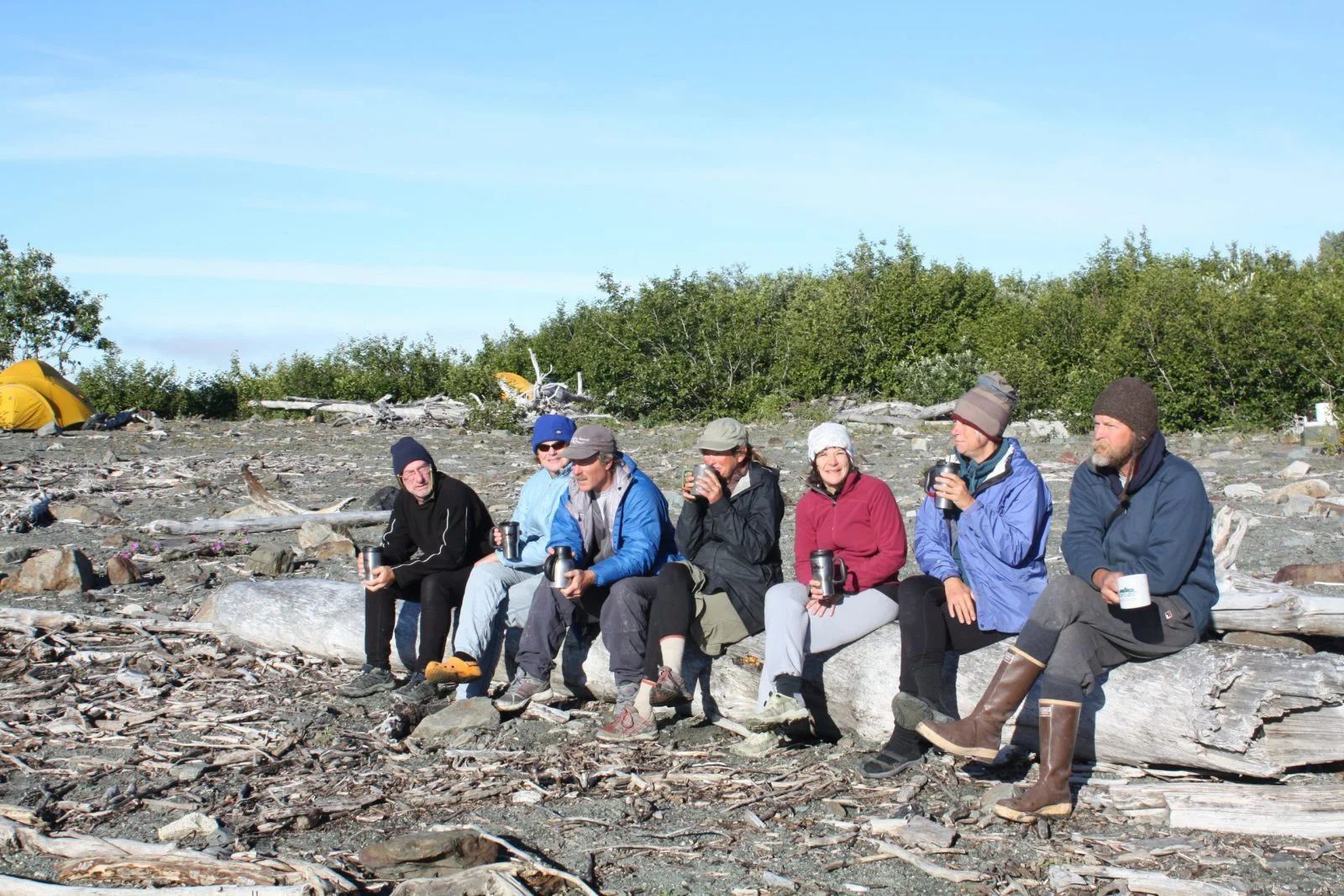 Group of people seated on logs, holding cups, enjoying a break outdoors with a tent in the background. Sunny day.