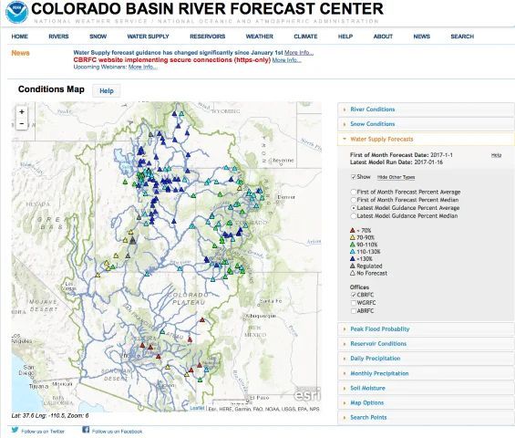 Map of Colorado River Basin with streamflow conditions, using color-coded markers.