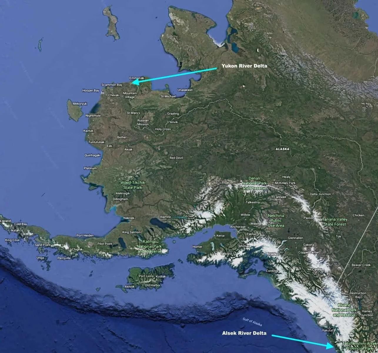 Map of Alaska with arrows pointing to Yukon River Park and Ketchikan with text labels.