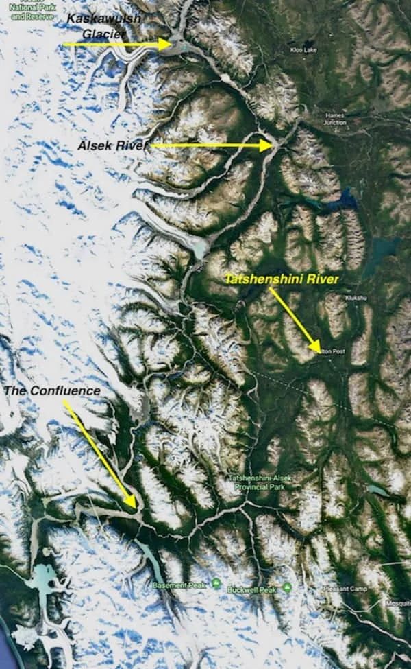 Satellite view of mountains and rivers in Alaska, labeled with