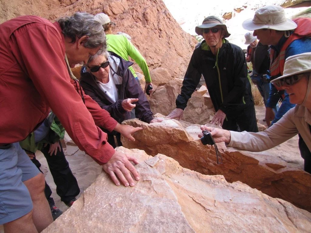 Group of people examining a rock formation, touching it with their hands in a canyon.