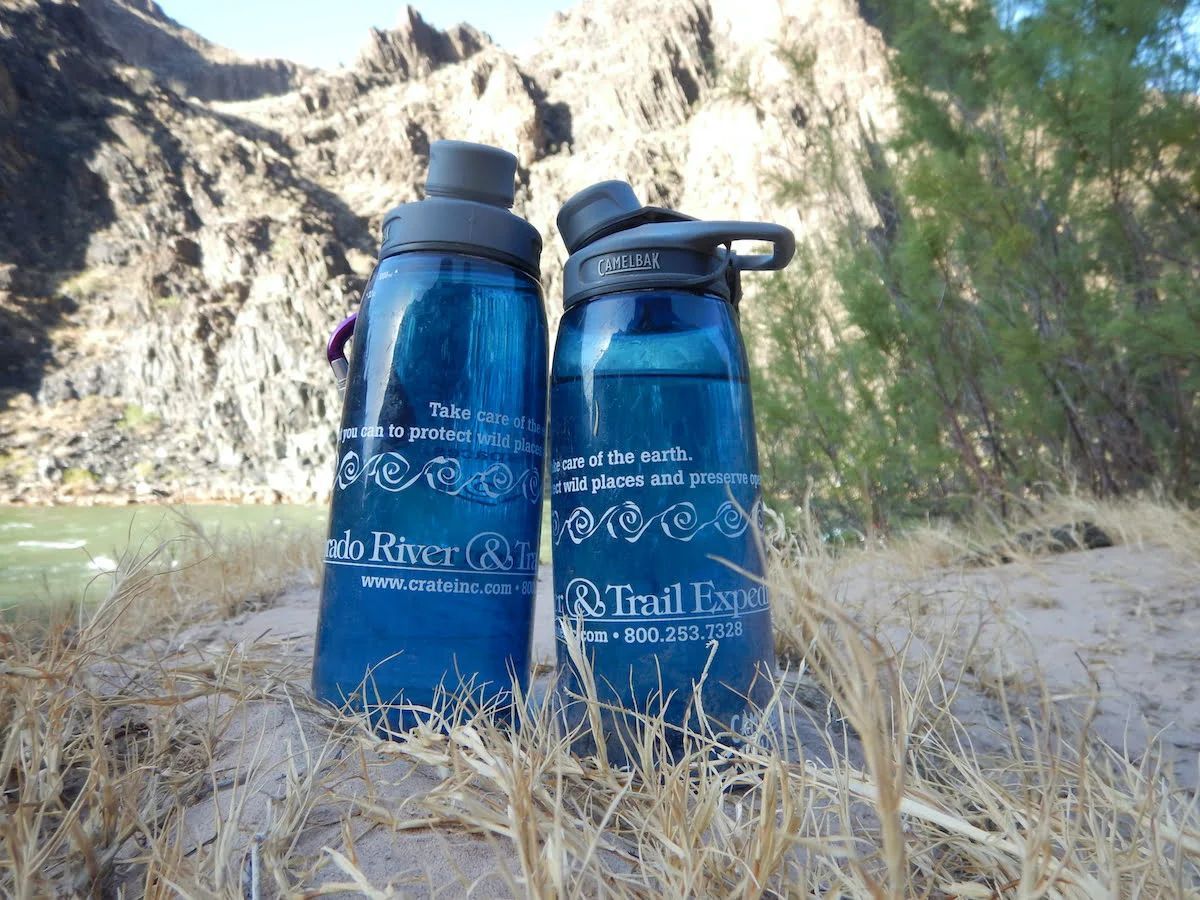Two blue water bottles on dry grass, near a river and mountains.