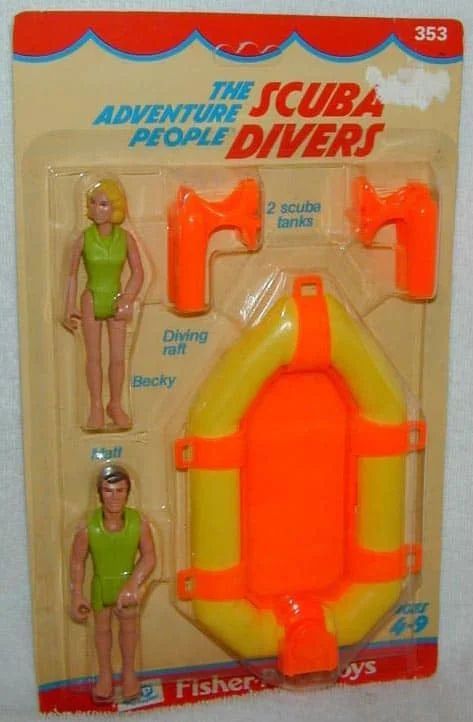 Fisher-Price Scuba Adventure People toy: two figures, raft, scuba gear, orange/yellow on blister card.