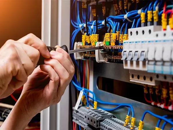 A person is working on an electrical box with a screwdriver.