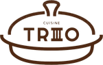 Brown &ldquo;Cuisine Trio&rdquo; logo with a stylized covered serving dish and the word &ldquo;TRIO&rdquo; in the center