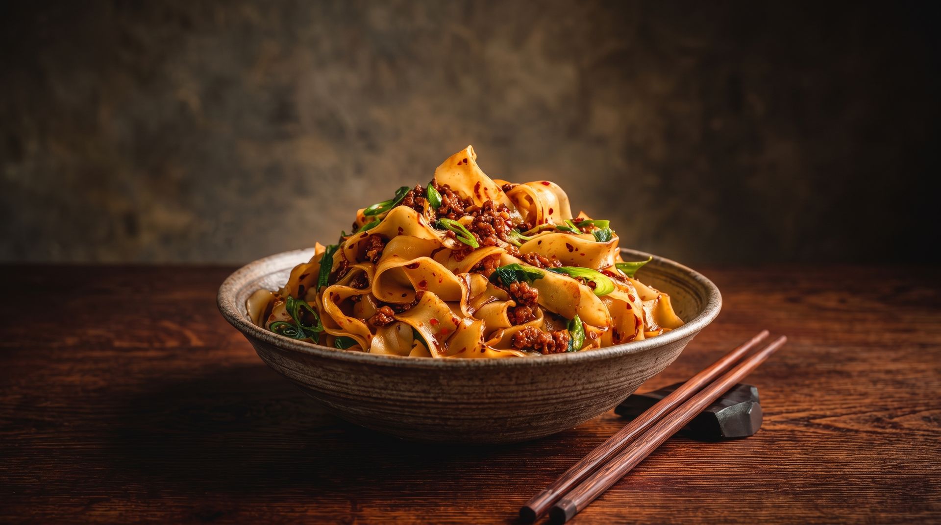 Bowl of spicy stir-fried noodles with chopsticks on a wooden table