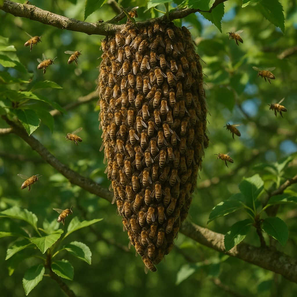 essaim d'abeilles sur une branche d'arbre