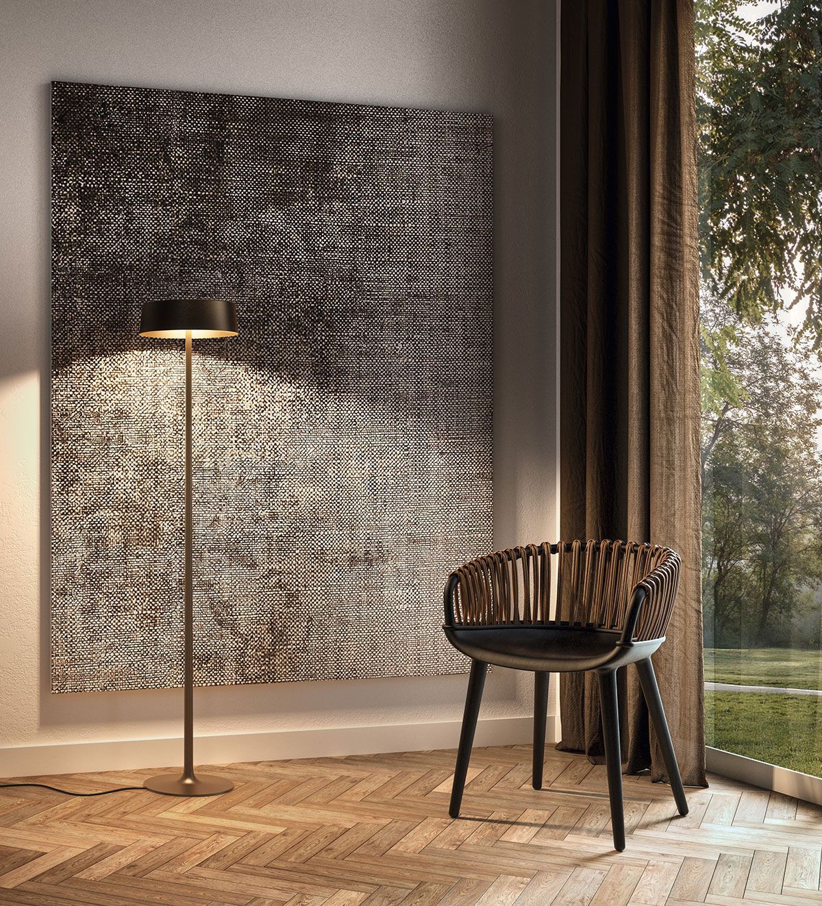 Una lámpara de pie alta se encuentra junto a una silla moderna en una habitación con un gran cuadro abstracto en blanco y negro con textura.