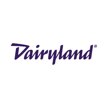A purple logo for dairyland on a white background.