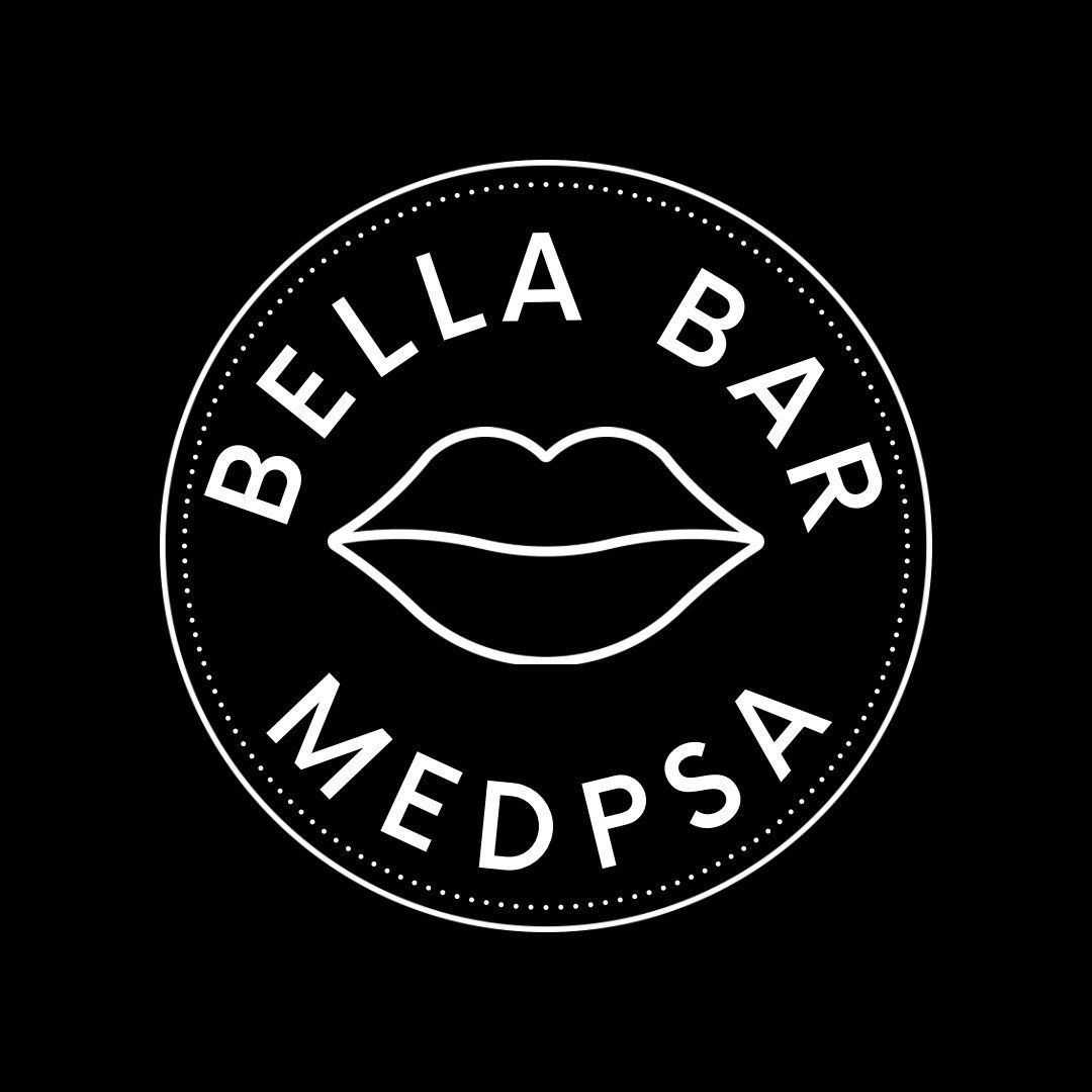 The logo for bella bar med psa has a picture of a woman 's lips in a circle.