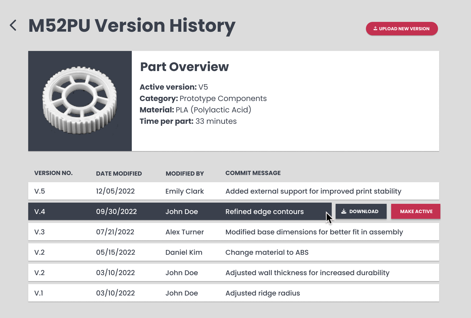 A screenshot of the m52pu version history page