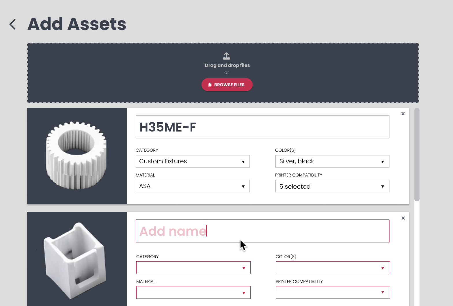 A screenshot of a web page that says add assets