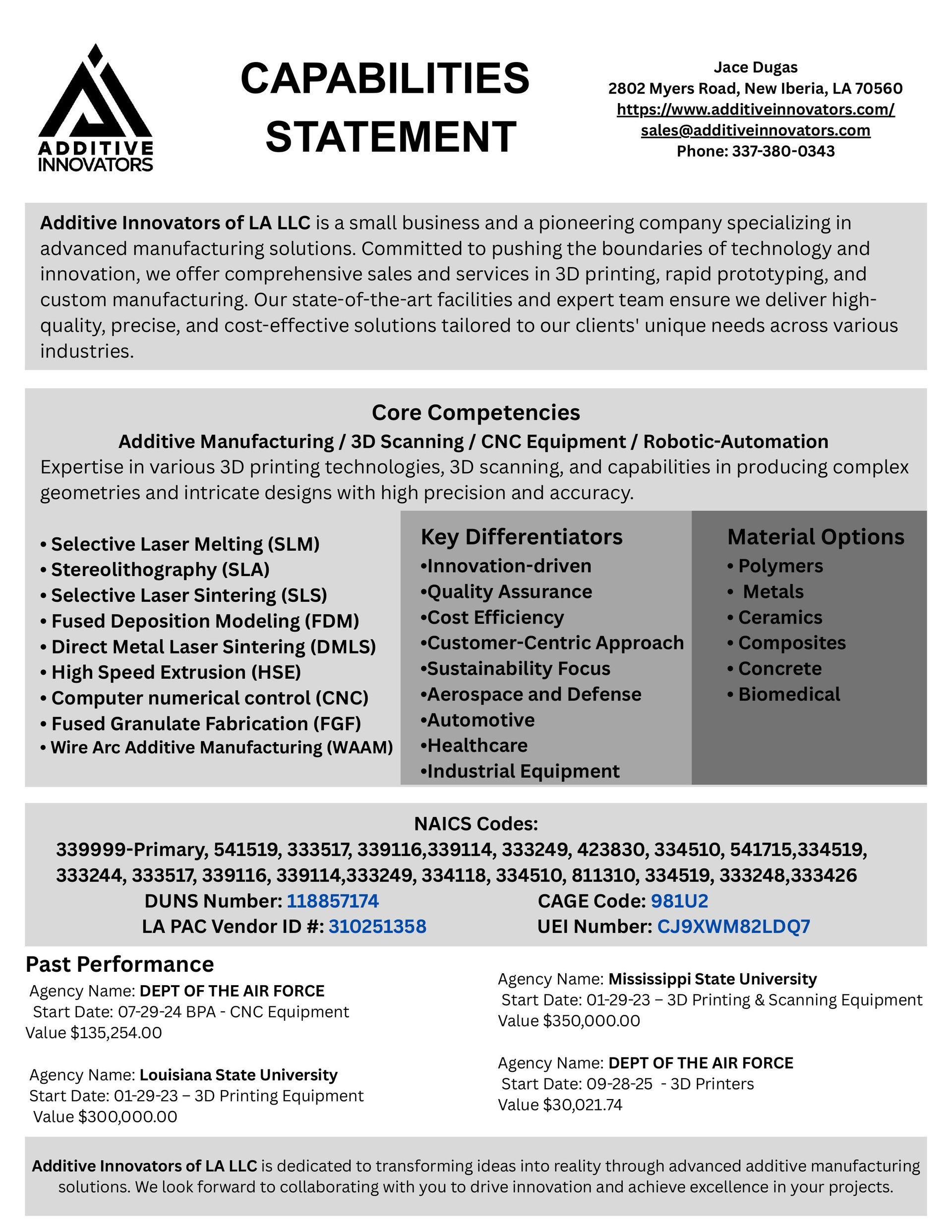 Capabilities statement, listing core competencies, key differentiators, past performance, and contact information for a business.