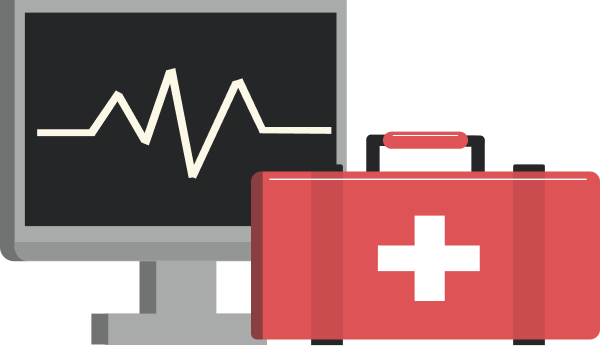A red first aid kit is sitting next to a computer monitor.