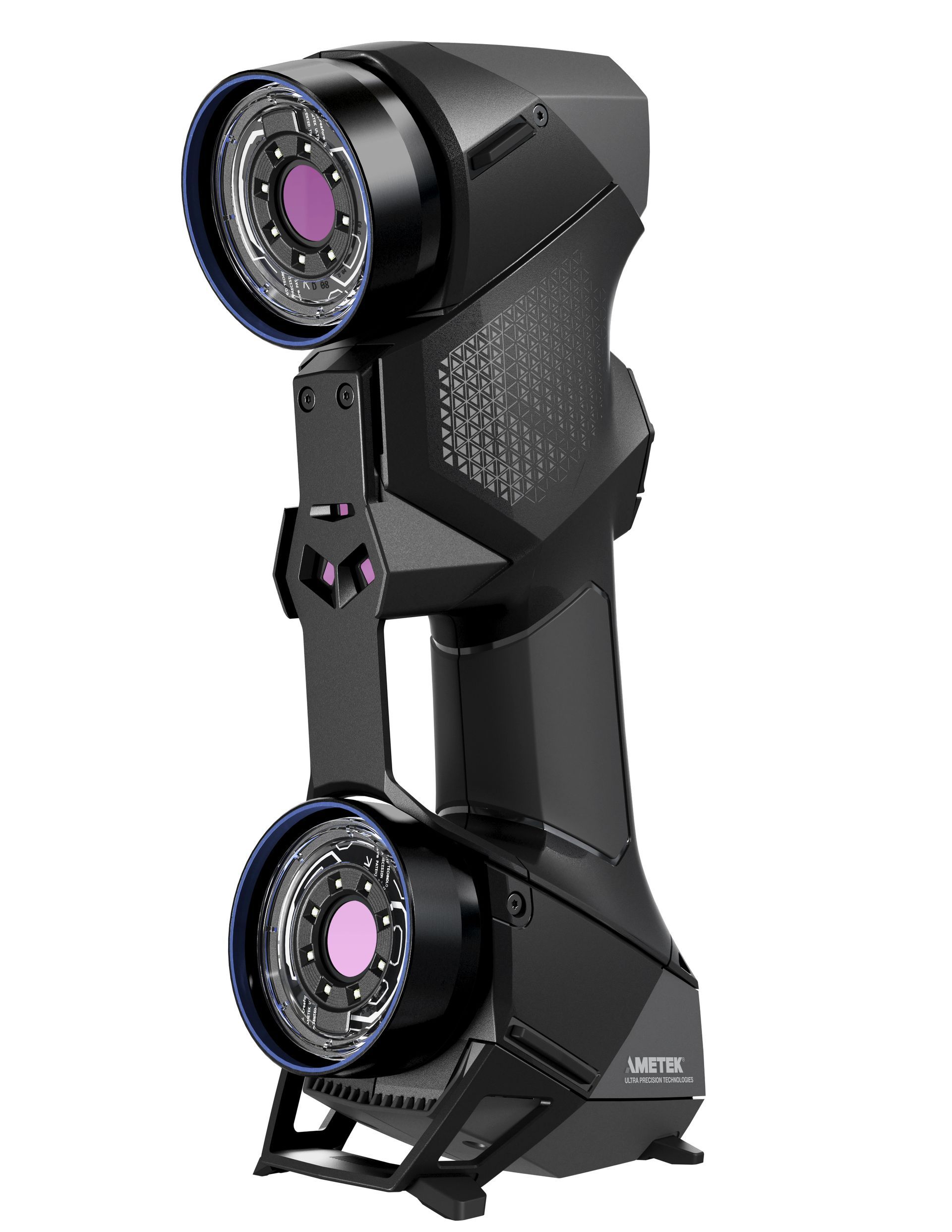 A 3d scanner with two lenses on a white background.