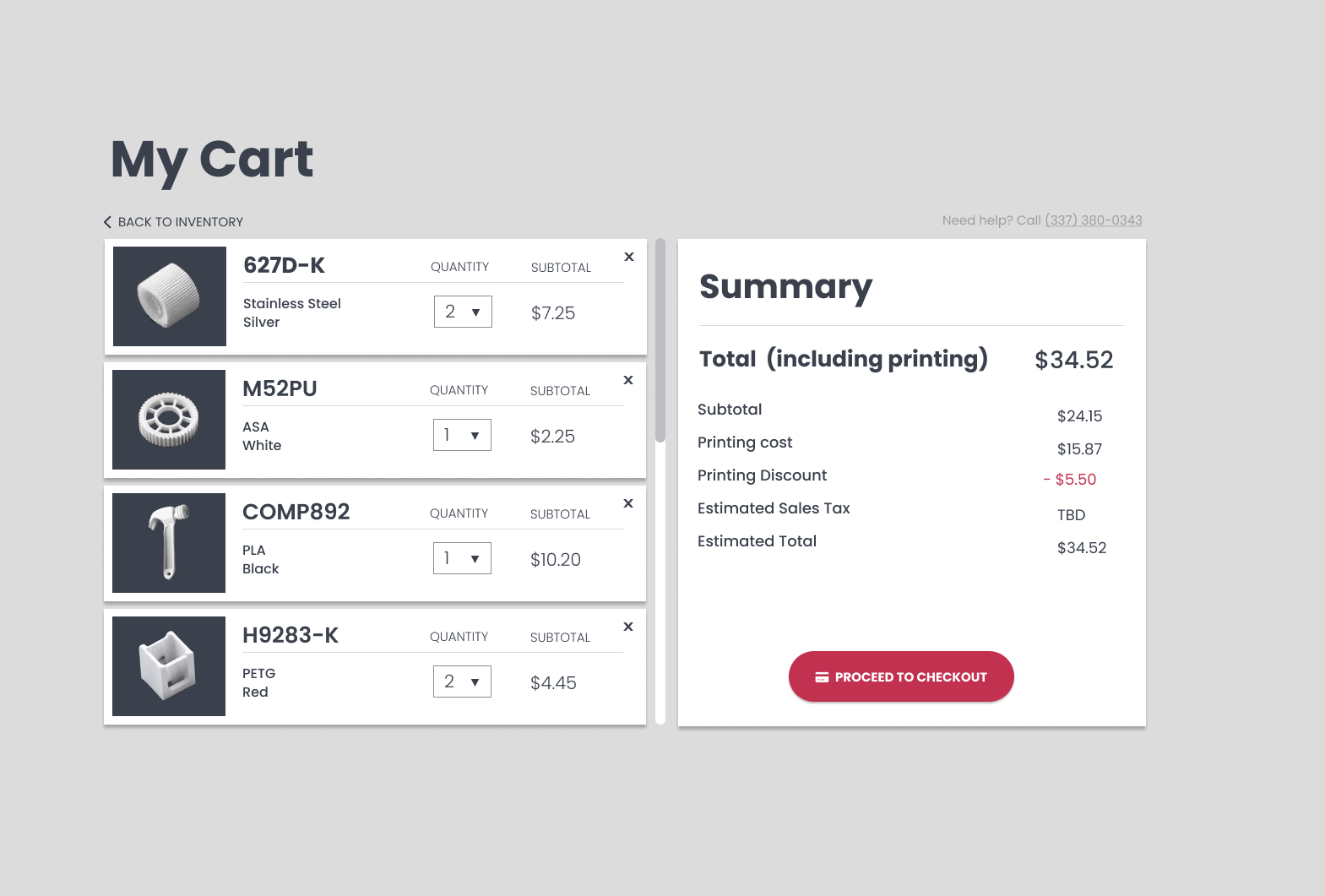 A screenshot of a website showing a my cart page and a summary page.