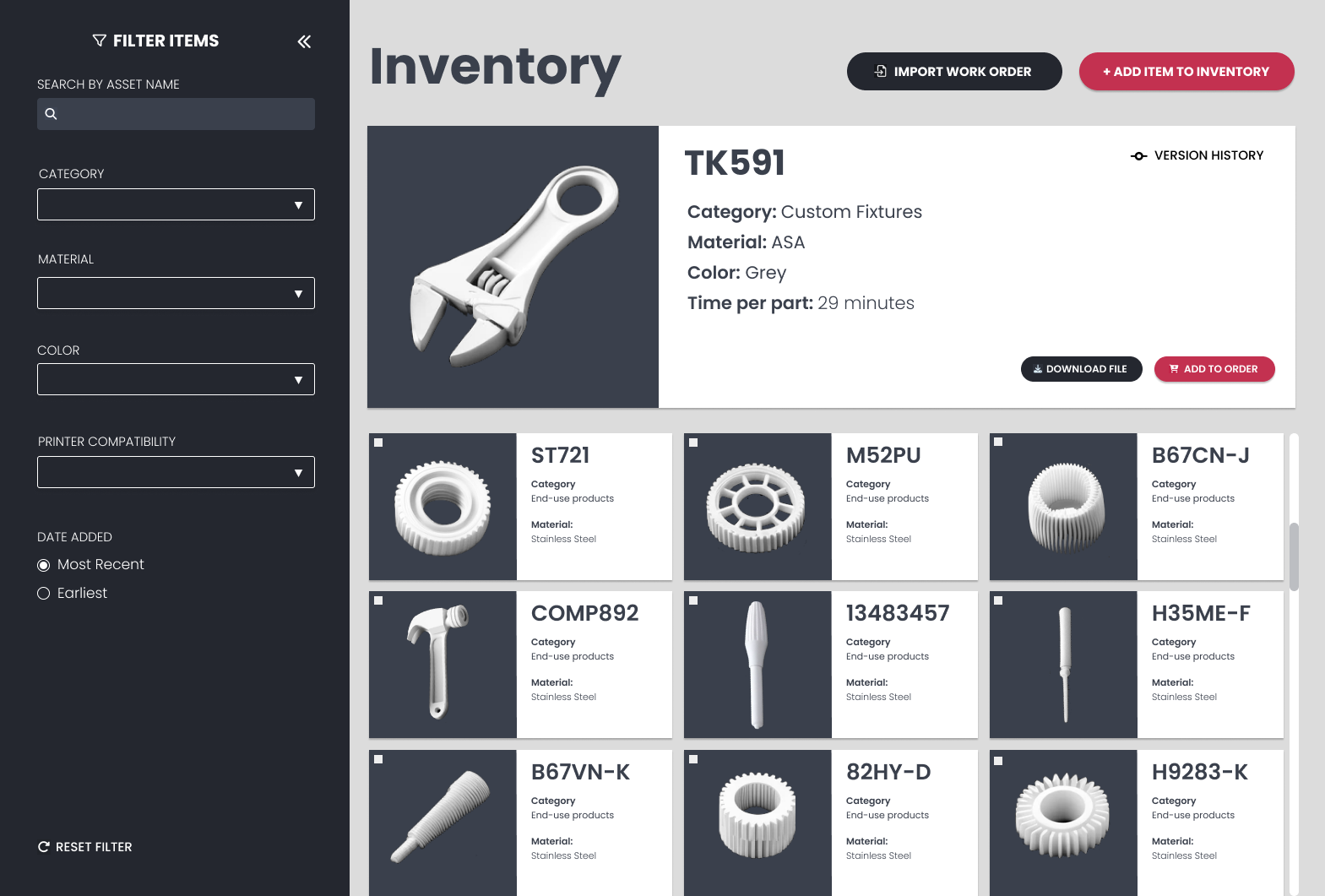 A screenshot of the inventory page of a website.