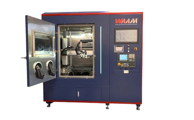Dark blue industrial machine with a control panel and two black exhaust ports.