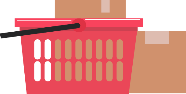 A red shopping basket is sitting next to a pile of cardboard boxes.
