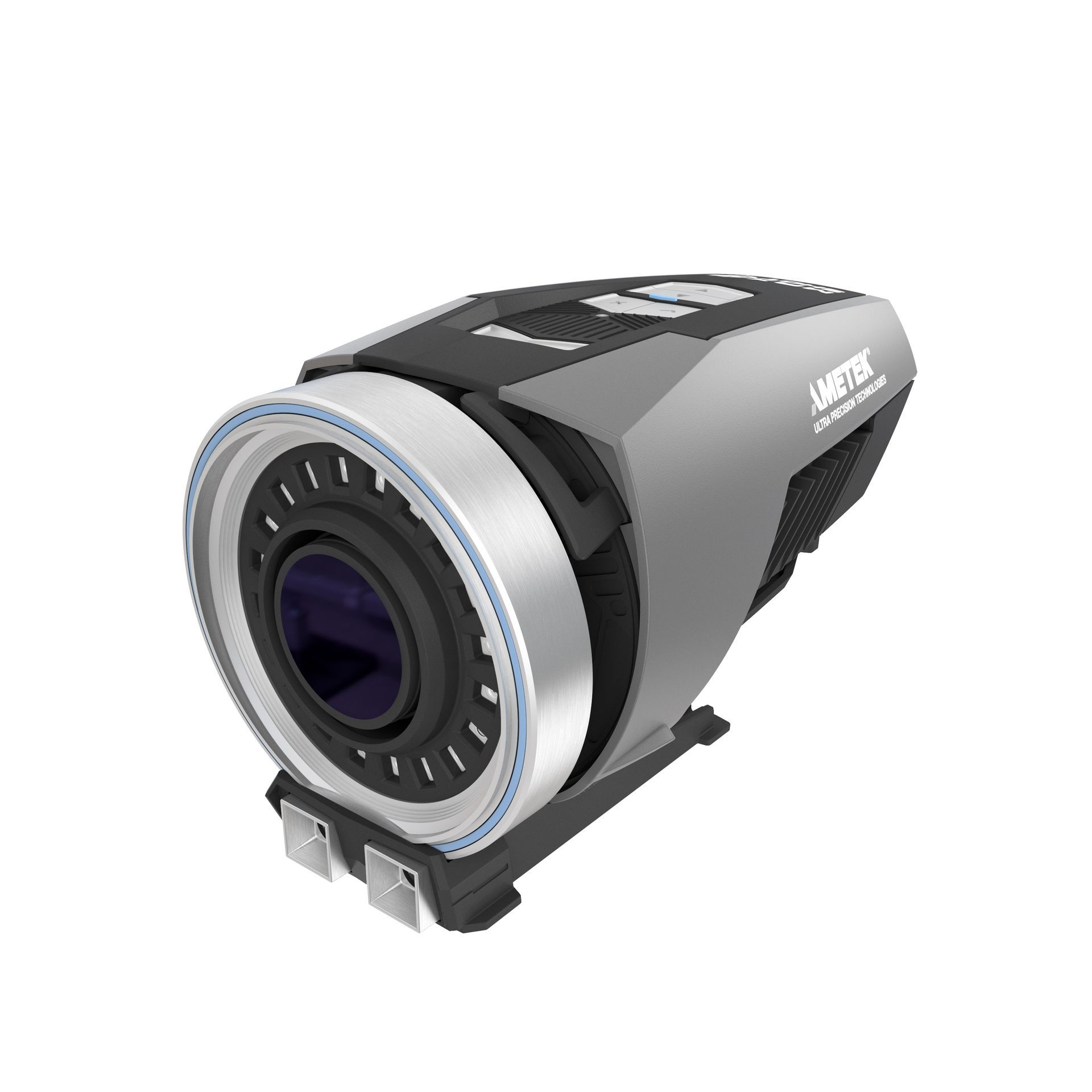 A camera with a circular lens is sitting on a white surface.