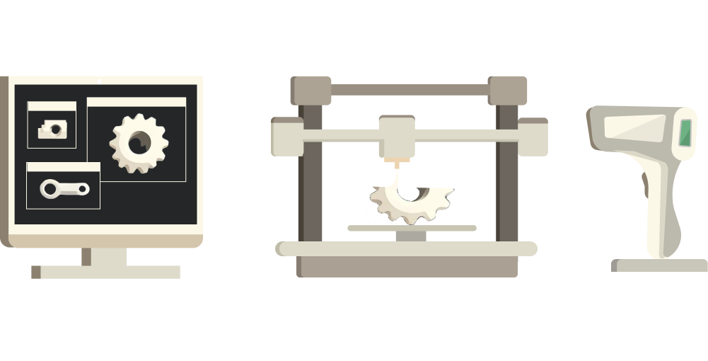 A computer , a 3d printer , and a scanner are shown.