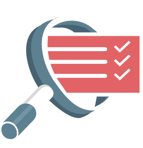 A magnifying glass is looking at a red piece of paper.