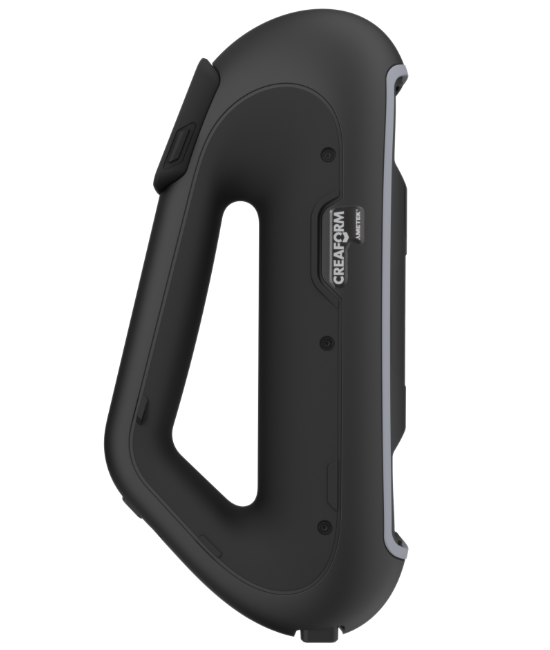 Black Creaform 3D scanner with a handle. Side view.