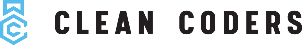 The logo for clean coders is a blue and black logo on a white background.