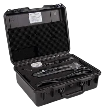 Black hard case, open, containing a caliper, cables, and other measuring tools in foam padding.