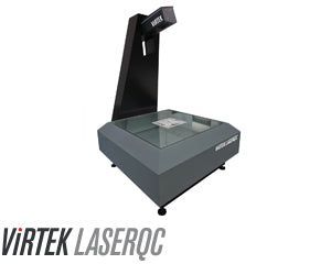 Virtek LaserQC machine, gray, angled base with a glass surface, overhead camera.