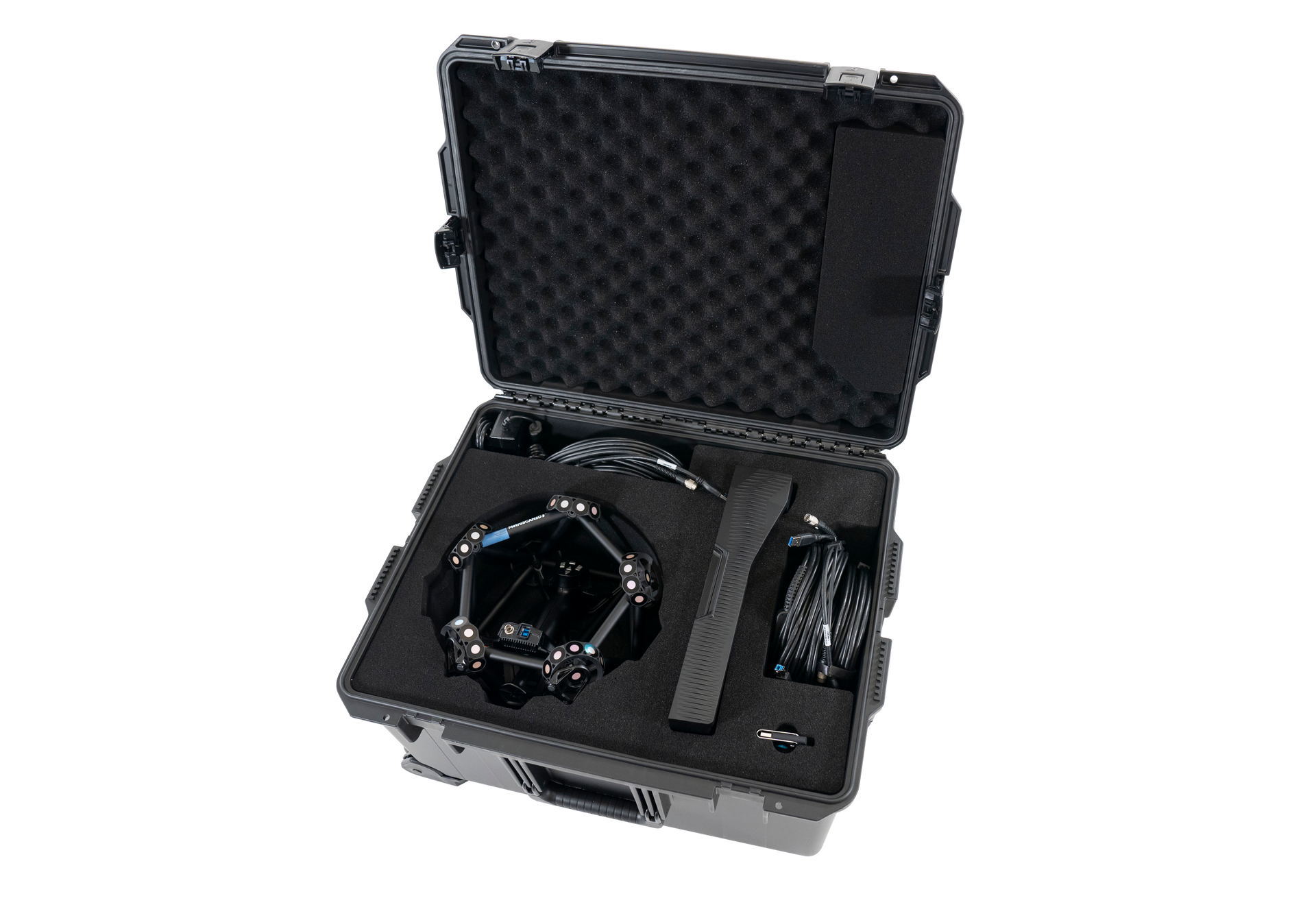 A black case with a camera inside of it on a white background.