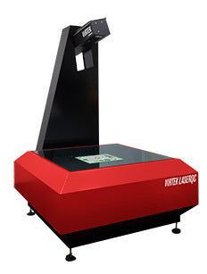 Red and black industrial laser marking machine with a flatbed and overhead arm.